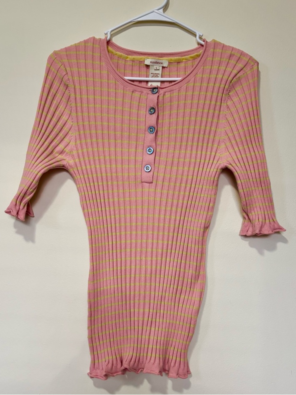 Sundance Ribbed Henley Top in Pink and Yellow Ruffle Sleeve and Hem